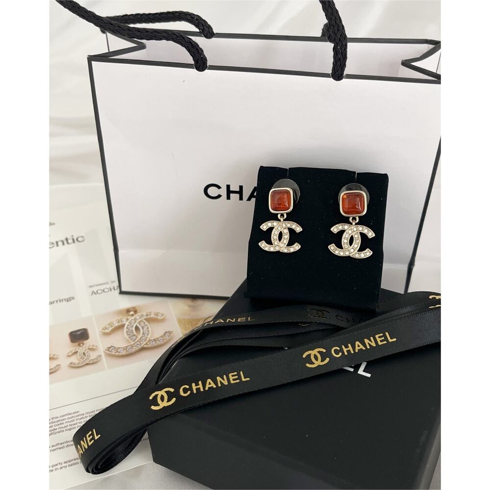 Chanel CC Drop Earrings Gold Tone Crystal Amber Stone Pierced - Picture 3 of 14